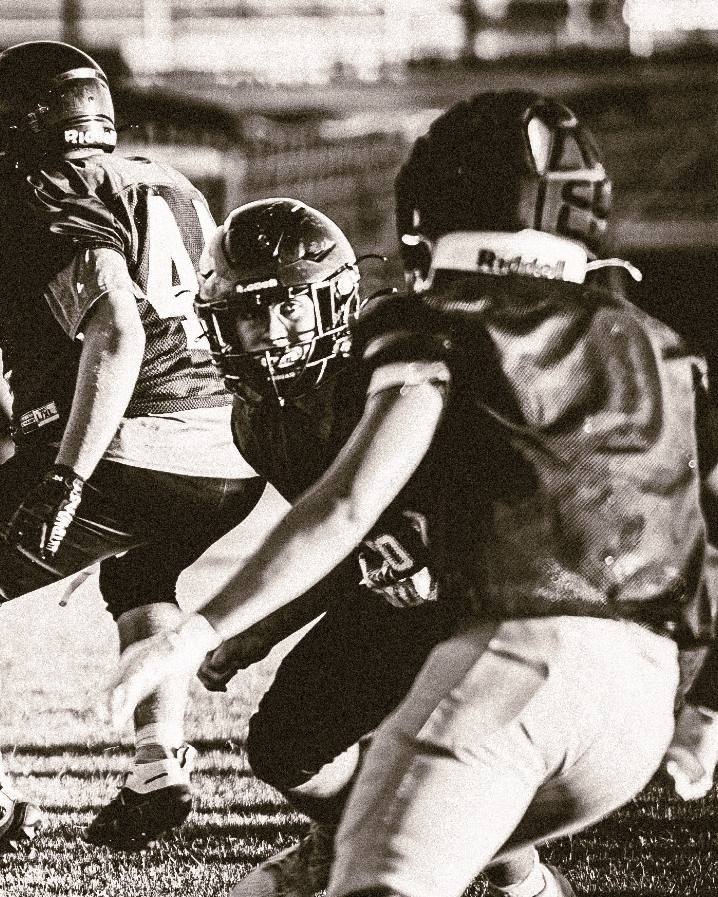 Arroyo Grande lineman set at the line, black and white